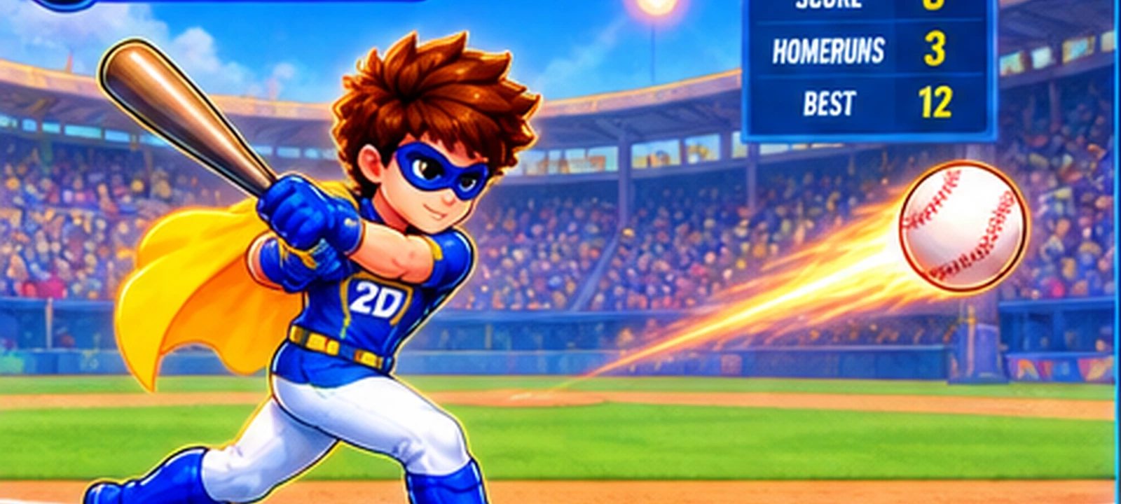 2D Hero Home Run premium baseball stadium scene with the blue and yellow hero at bat